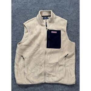 Vineyard Vines Vest Mens XL Beige Sherpa Fleece Full Zip Chest Pocket Warm